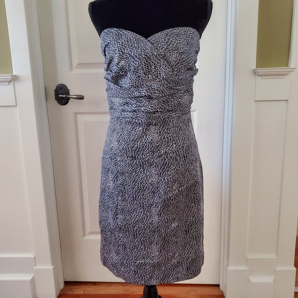 Navy and white strapless straight skirt ruched top sheath dress cotton